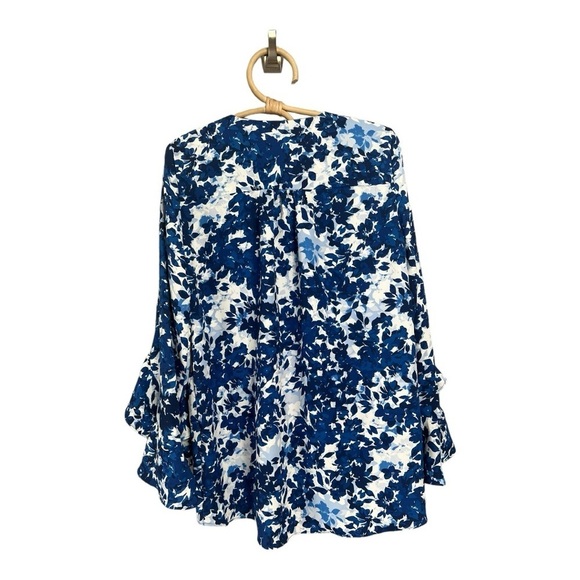 Vince Camuto Flutter Sleeve V-Neck Layered Navy White Leaves Womens Oversized XS - Picture 13 of 16